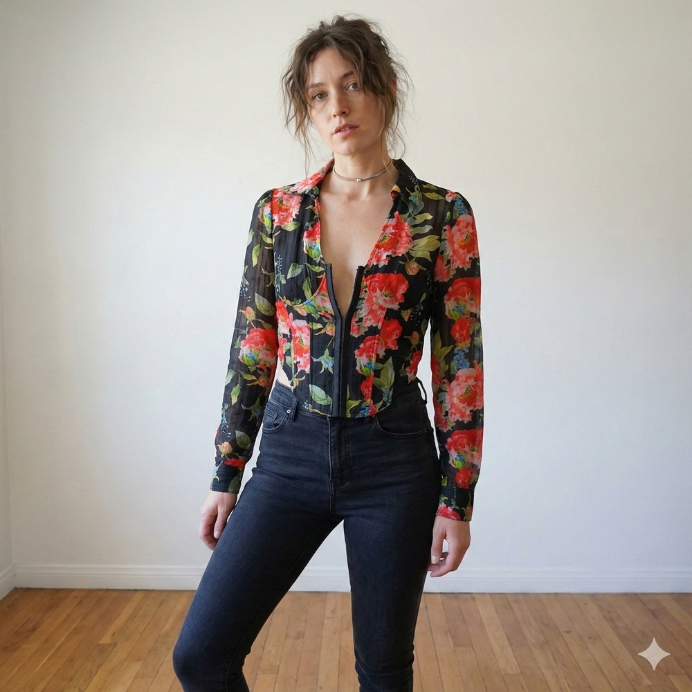 Bebe Corset Top Women 10 Hook Eye Sheer Floral Print Long Sleeve Blouse Romantic